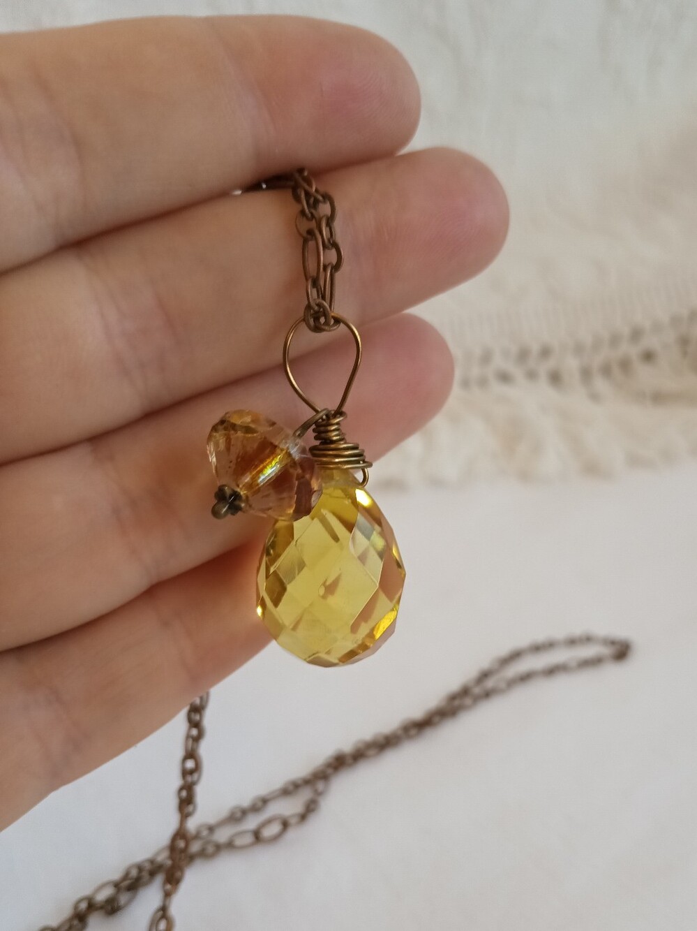 Hand Crafted Citrine Drop Pendant Amber Czech Glass X Long Antique Brass Chain - Picture 3 of 7
